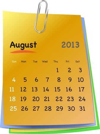 Calendar for august 2013 on colorful sticky notes attached with metallic clip. Sundays firstのイラスト素材