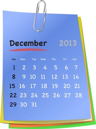 Calendar for december 2013 on colorful sticky notes attached with metallic clip. Sundays first
のイラスト素材
