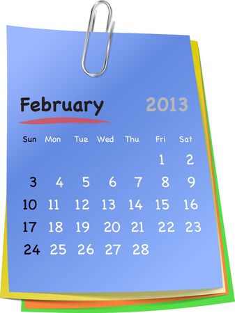 Calendar for february 2013 on colorful sticky notes attached with metallic clip. Sundays firstのイラスト素材