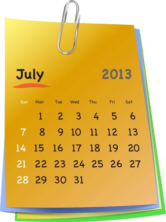 Calendar for july 2013 on colorful sticky notes attached with metallic clip. Sundays first
のイラスト素材