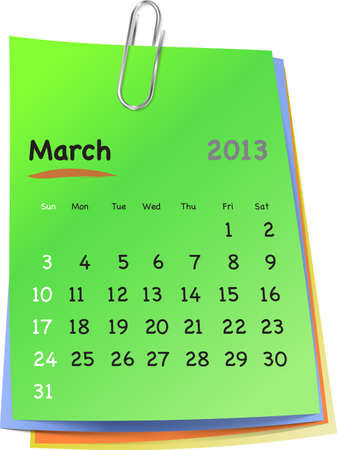 Calendar for march 2013 on colorful sticky notes attached with metallic clip. Sundays first
のイラスト素材
