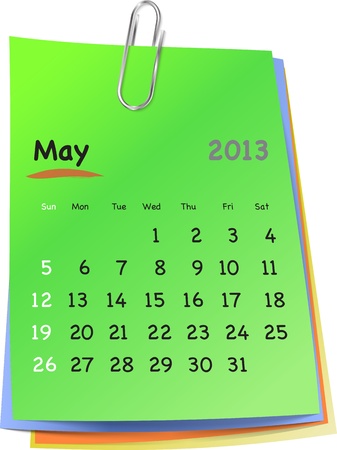 Calendar for may 2013 on colorful sticky notes attached with metallic clip. Sundays first
のイラスト素材
