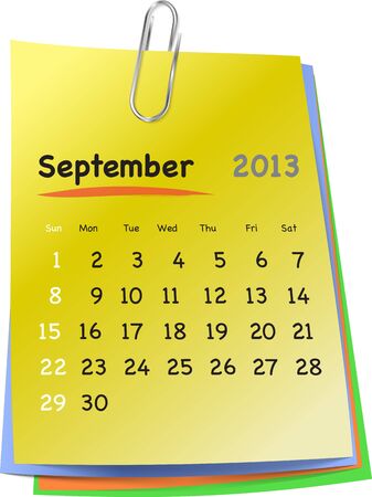 Calendar for september 2013 on colorful sticky notes attached with metallic clip. Sundays firstのイラスト素材