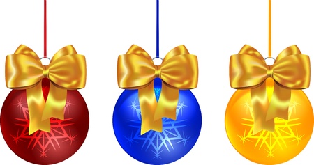 Colorful Christmas balls tied with yellow bow isolated on white. のイラスト素材