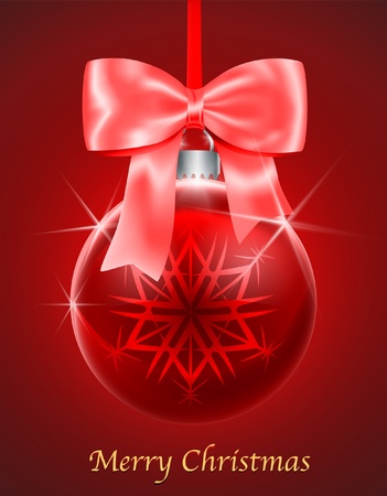 Merry Christmas gift card with red glossy Christmas ball tied with bow and hanging on red background. のイラスト素材