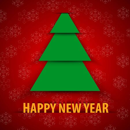 Green paper Christmas tree on red background. Happy New Year greeting cardのイラスト素材