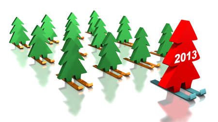 Green Christmas trees skiing with the red leader. 2013 on the leader. Abstract illustrationの写真素材