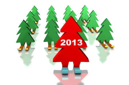 Green Christmas trees skiing with the red leader. 2013 on the leader. Abstract illustrationの写真素材