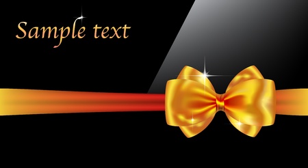 Black glossy greeting card with golden bow and ribbon. Vector illustrationのイラスト素材