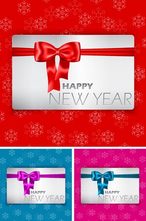 Happy New Year card with bow and ribbon on snowflake background illustrationのイラスト素材