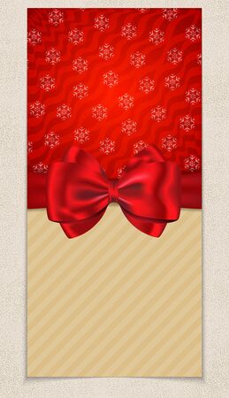 Winter holidays card with blank space for greetings and with bow and ribbon on snowflake background. Vector illustrationのイラスト素材