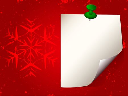 White sticky note paper attached with green pin on red grunge background with snowflake. Vector Illustrationのイラスト素材