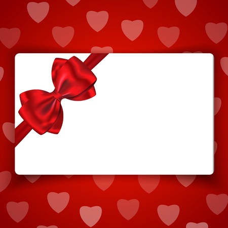 Love gift card with space for greetings and with red bow and ribbon on background with hearts.のイラスト素材