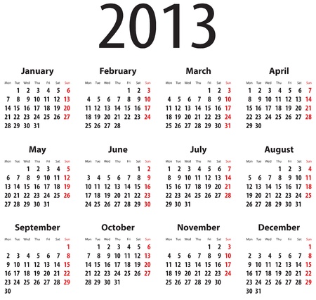 Calendar for 2013  Mondays firstのイラスト素材