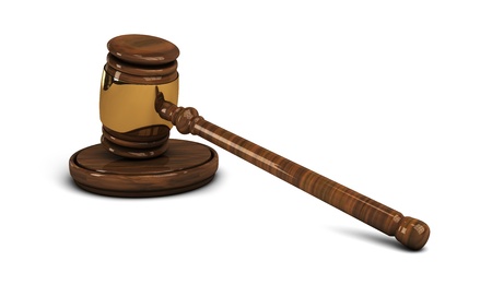 Wooden gavel with brass rim, legal set on whiteの写真素材