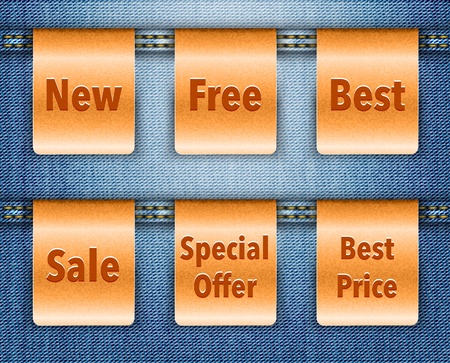 Blue jeans background with brown leather shopping labels. のイラスト素材