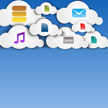 Cloud computing abstract concept with paper clouds in the sky and icons illustration.のイラスト素材