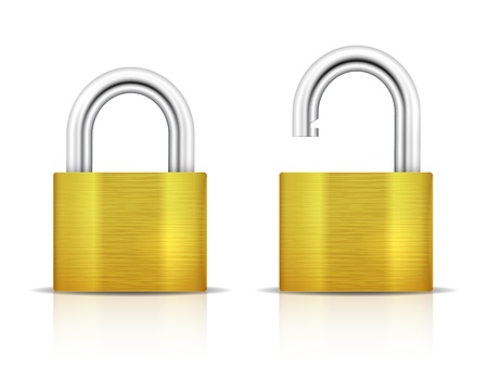 Metallic Padlock. Locked and unlocked Padlocks isolated on white background. Vector illustrationのイラスト素材