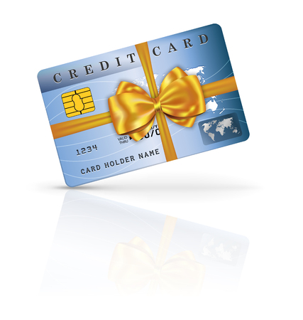 Credit or debit card design with yellow ribbon and bow. Vector illustrationのイラスト素材