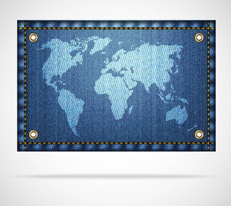 White world map on blue jeans background. Concept of jeans world. Vector illustrationのイラスト素材