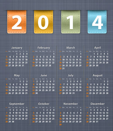 Stylish calendar for 2014 on linen texture with color leather insertions. Vector illustrationのイラスト素材
