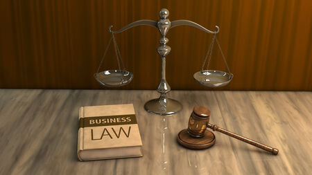 Illustration of legal attributes: gavel, scale and business law book on the tableの写真素材