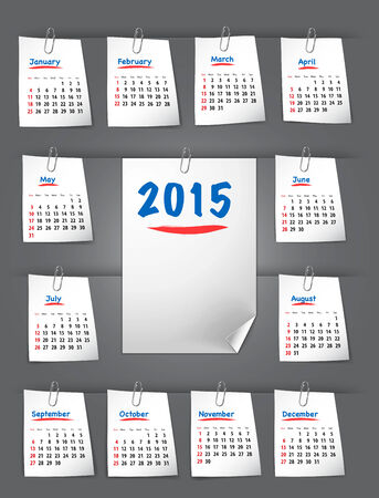 Calendar for 2015 year on sticky notes attached to the background with paper clipsのイラスト素材