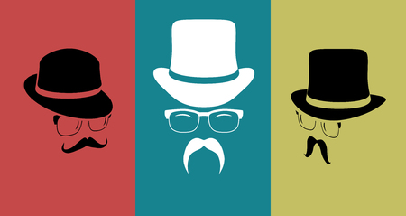 Vintage design elements set on colorful background (hats, eyeglasses, moustaches). Hipster fashion. Man style. Vector illustration. のイラスト素材