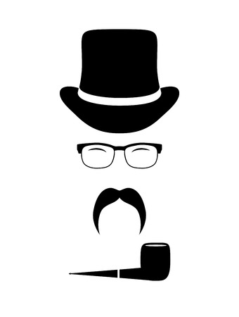 Gentleman attributes (hats, eyeglasses, mustache, pipe). Vintage design elements set. Hipster fashion. Man style. Vector illustration. のイラスト素材