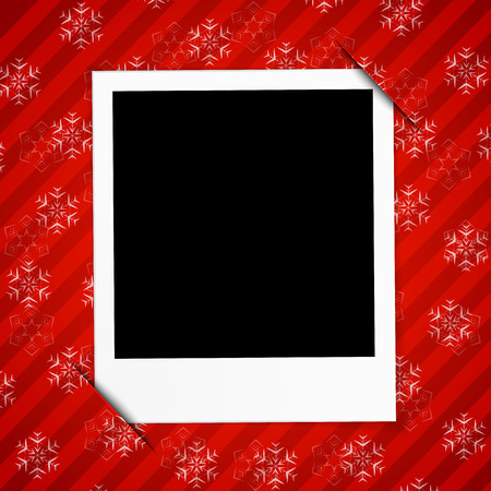 Winter holidays card with blank photo frame on red snowy background. Vector illustrationの写真素材