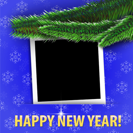 Happy New Year! greeting card with blank photo frame hanging on shiny Christmas tree. のイラスト素材