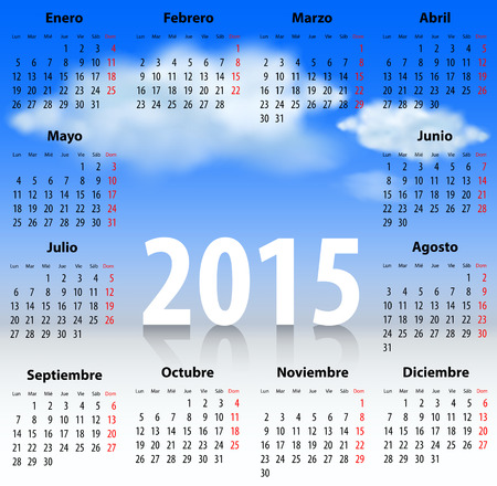 Calendar for 2015 year in Spanish with clouds in the blue sky. Mondays first. Vector illustrationのイラスト素材