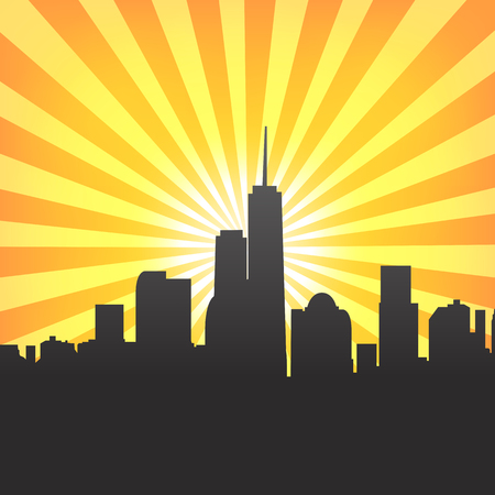 Modern cityscape on Sunburst Pattern. Vector illustrationのイラスト素材