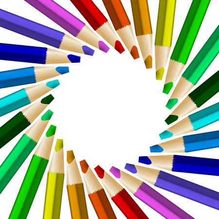 Rotated color pencils in arrange in color wheel colors on white background. Vector illustrationのイラスト素材