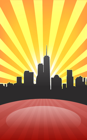 Modern cityscape on retro sunburst pattern with stage and spot on it. Vector illustrationのイラスト素材