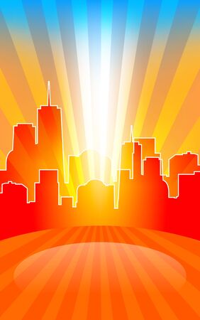 Modern cityscape on retro sunburst pattern with stage and spot on it. Vector illustrationのイラスト素材