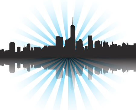 Modern cityscape at sunset with sunrays and reflection. Vector backgroundのイラスト素材