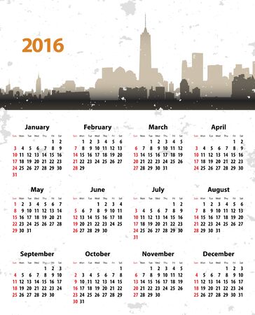 2016 year stylish calendar on New York cityscape grunge background. Sundays first. Vector illustrationのイラスト素材