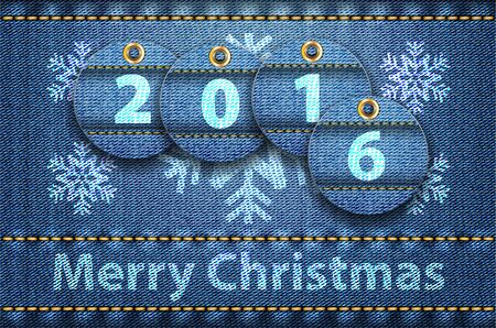 2016 year digits and Merry Christmas greetings on blue jeans background. Vector illustrationのイラスト素材