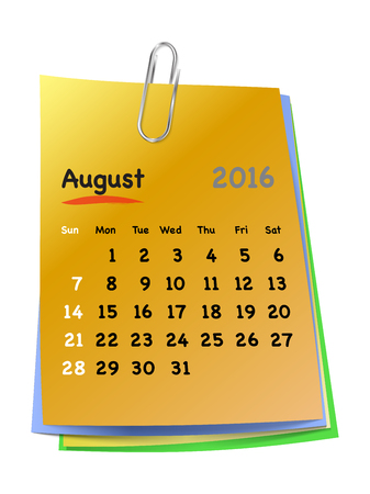 Calendar for august 2016 on colorful sticky notes attached with metallic clip. Sundays first. Vector illustrationのイラスト素材