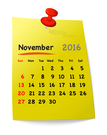 Calendar for november 2016 on yellow sticky note attached with orange pin. Sundays first. Vector illustrationのイラスト素材