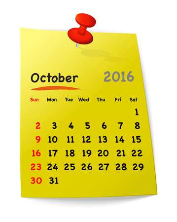 Calendar for october 2016 on yellow sticky note attached with orange pin. Sundays first. Vector illustrationのイラスト素材