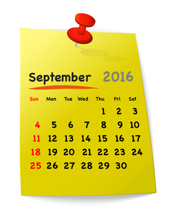 Calendar for september 2016 on yellow sticky note attached with orange pin. Sundays first. Vector illustrationのイラスト素材