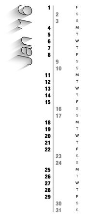 Monthly calendar for January 2016 with vertical digits, grey holidays and empty space for special notes, records and logos. Can be used for business and office calendars, website design, prints and many other situations. Vector Illustrationのイラスト素材