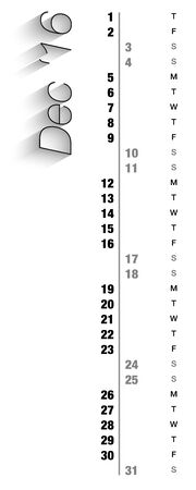 Monthly calendar for December 2016 with vertical digits, grey holidays and empty space for special notes, records. Can be used for business and office calendars, website design, prints and many other situations. Vector Illustrationのイラスト素材