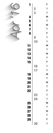Monthly calendar for April 2016 with vertical digits, grey holidays and empty space for special notes, records. Can be used for business and office calendars, website design, prints and many other situations. Vector Illustrationのイラスト素材