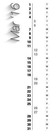 Monthly calendar for March 2016 with vertical digits, grey holidays and empty space for special notes, records. Can be used for business and office calendars, website design, prints and many other situations. Vector Illustrationのイラスト素材