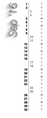 Monthly calendar for September 2016 with vertical digits, grey holidays and empty space for special notes, records. Can be used for business and office calendars, website design, prints and many other situations. Vector Illustrationのイラスト素材