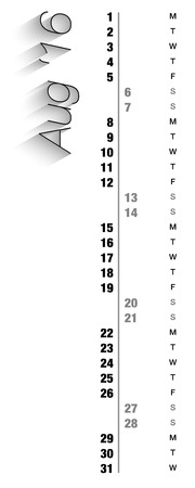 Monthly calendar for August 2016 with vertical digits, grey holidays and empty space for special notes, records and logos. Can be used for business and office calendars, website design, prints and many other situations. Vector Illustrationのイラスト素材