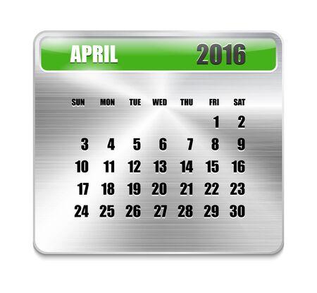 Monthly calendar for April 2016 on metallic plate, orange holidays. Can be used for business and office calendars, website design, prints etc. Vector Illustrationのイラスト素材